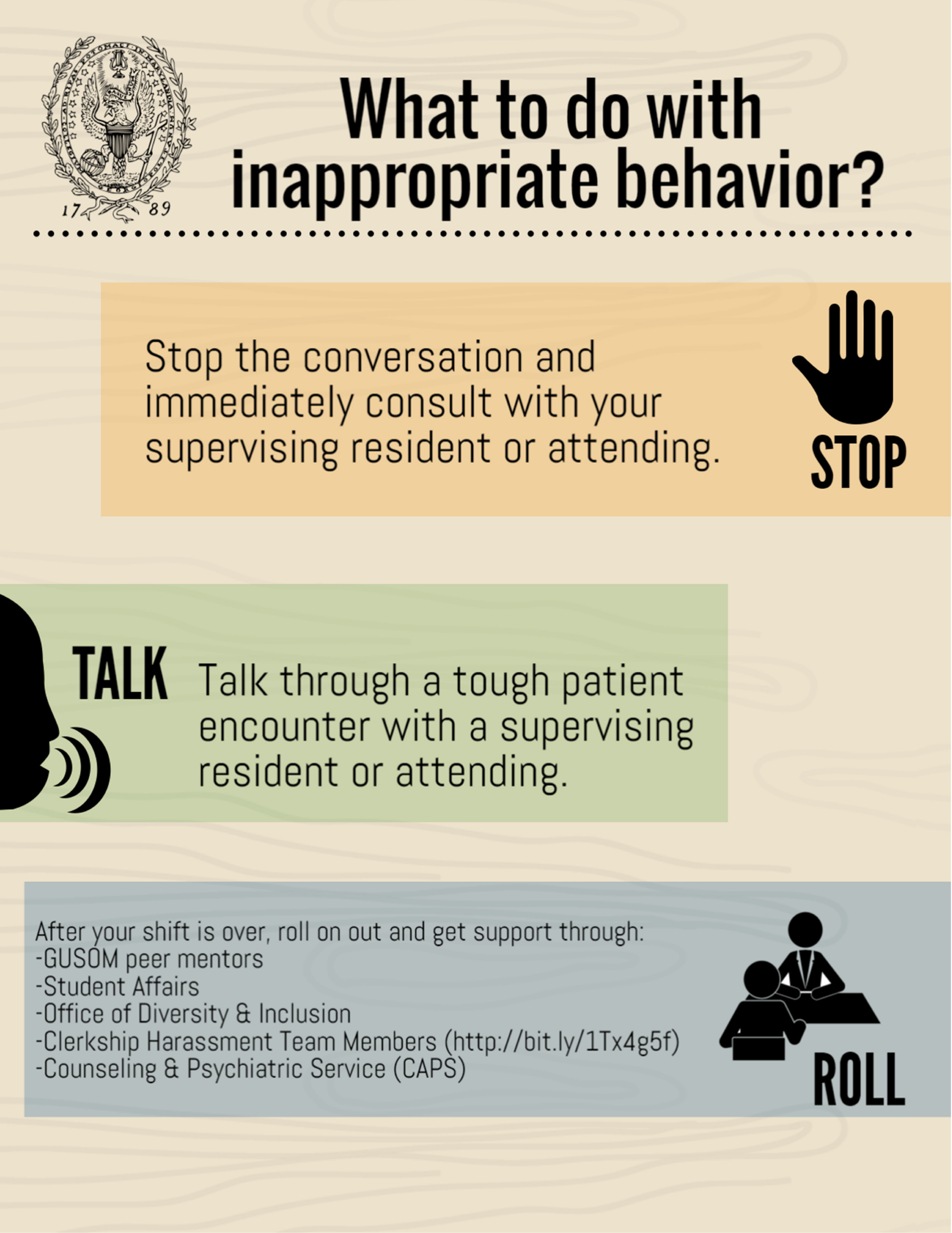 What to do with inappropriate behavior? Stop, Talk, Roll. Infographic transcription below.