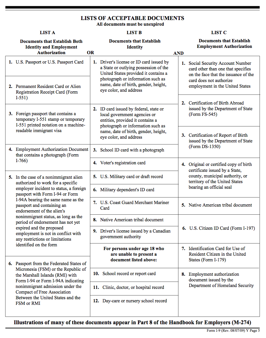 Lists of Acceptable Documents. Link to text provided below image.