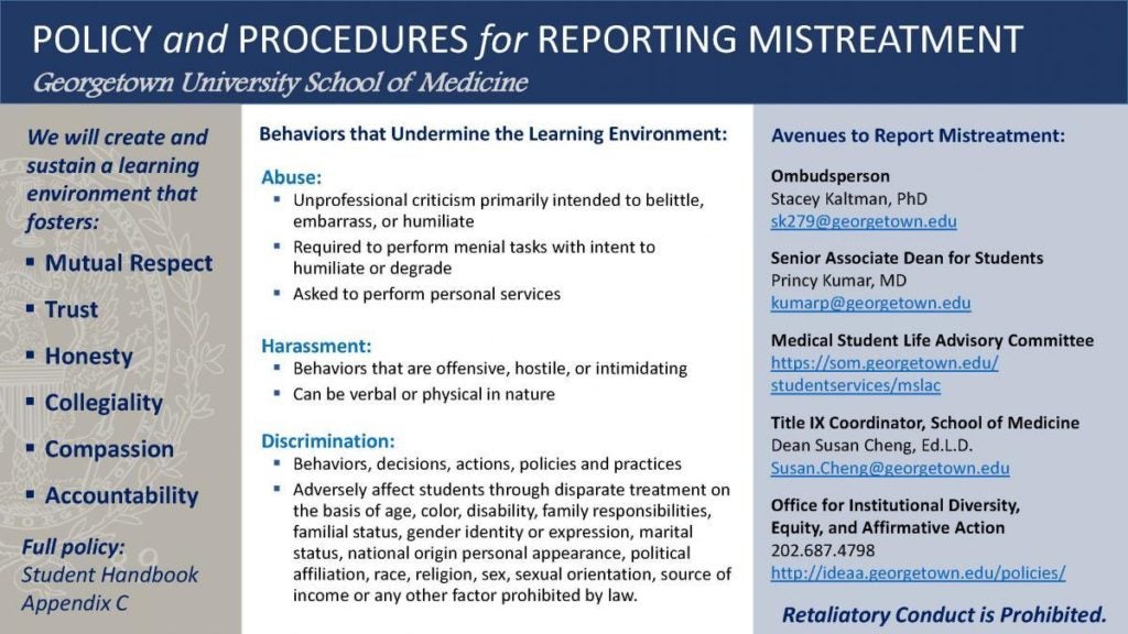 Infographic titled Policy and Procedures for Reporting Mistreatment, Georgetown University School of Medicine, text version below