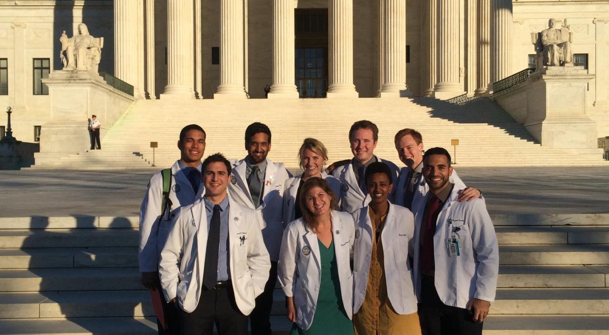 Georgetown University School of Medicine student advocates in front of the Lincoln memorial.