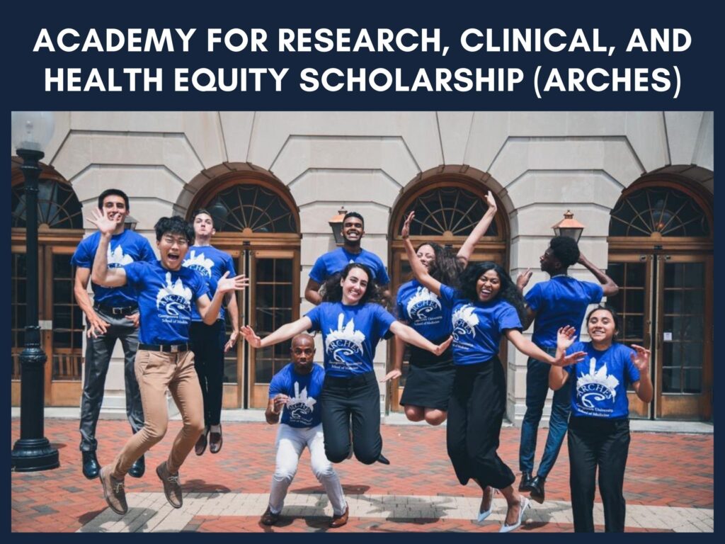 Students jump and smile with glee; text on image reads Academy for Research, Clinical, and Health Equity Scholarship (ARCHES)
