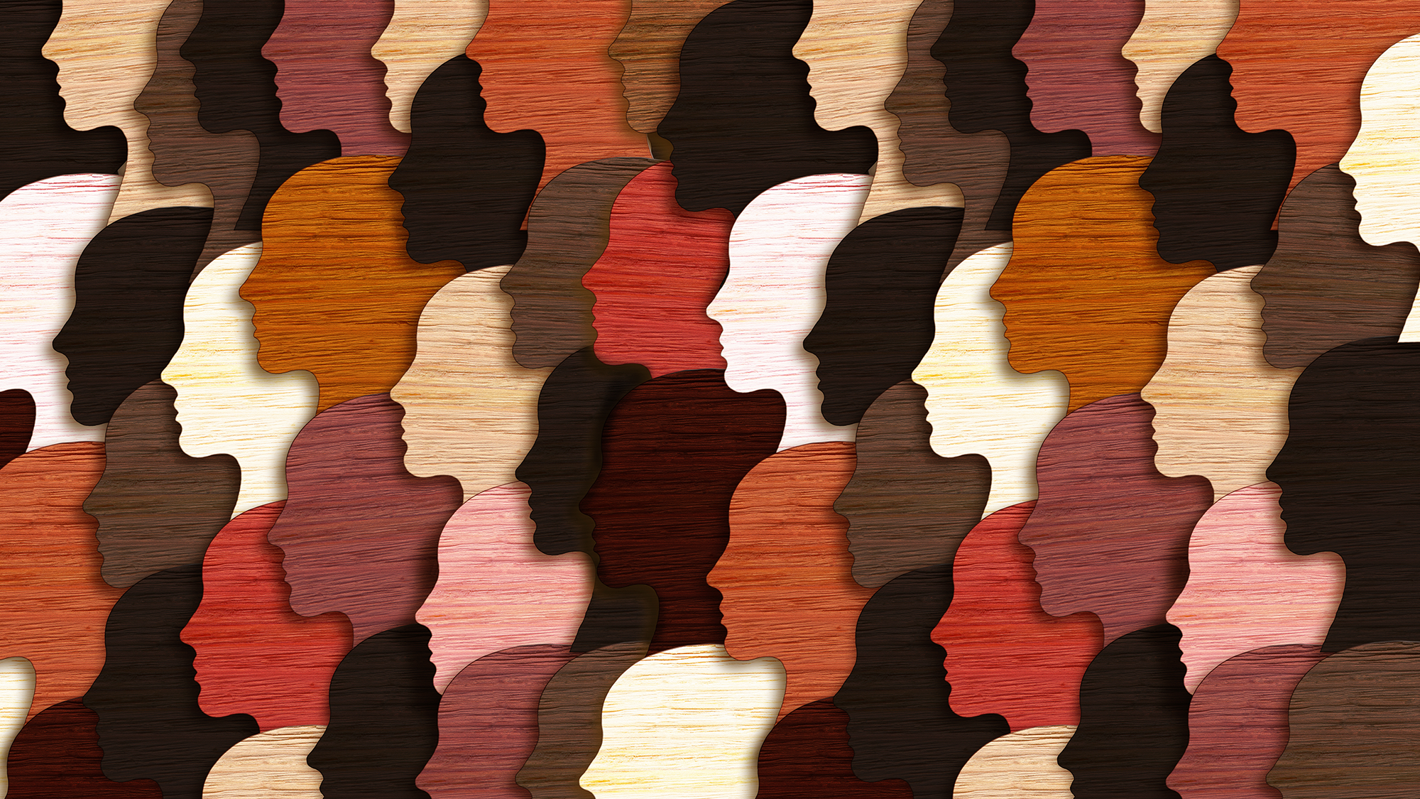 A photoillustration of multiple silhouettes in different skin tone colors representing people of different races and ethnicities