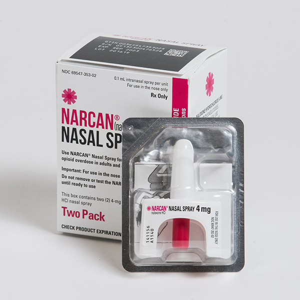 A box of Narcan along with the nasal applicator