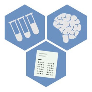 A graphic illustration depicting test tubes, a brain and a test in three blue hexagons