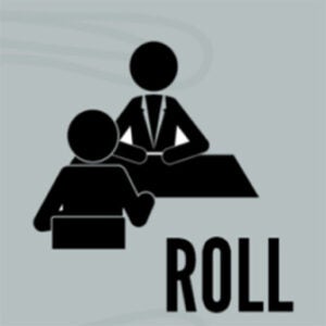 Two figures conversing at a desk with the word roll