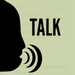 Silhouette of a head with open mouth with the word talk