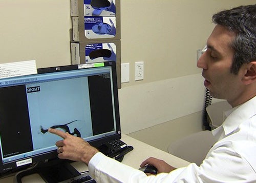 Dr. Levitt points to a computer screen image